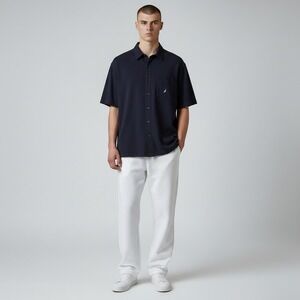 NWT Nautica Mens Short Sleeve Button Down Shirt Navy  Cotton Jersey Logo Large